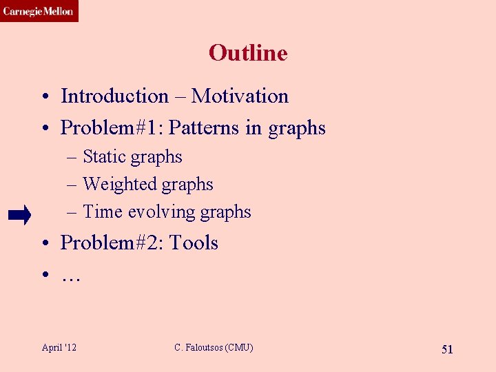 CMU SCS Outline • Introduction – Motivation • Problem#1: Patterns in graphs – Static