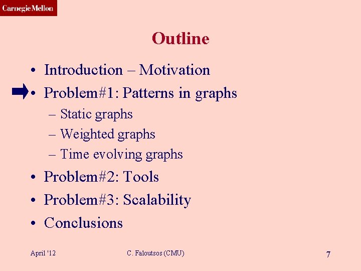 CMU SCS Outline • Introduction – Motivation • Problem#1: Patterns in graphs – Static