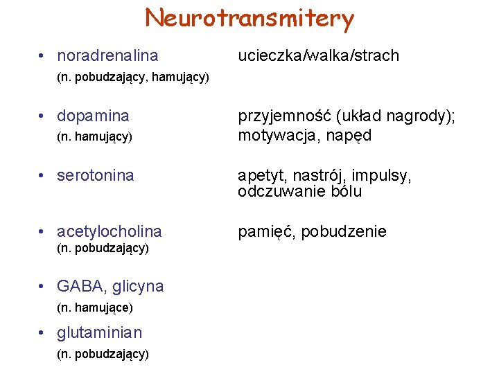 Neurotransmitery • noradrenalina ucieczka/walka/strach (n. pobudzający, hamujący) • dopamina (n. hamujący) przyjemność (układ nagrody);