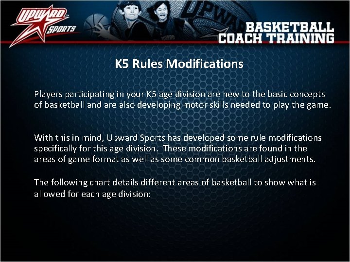 K 5 Rules Modifications Players participating in your K 5 age division are new