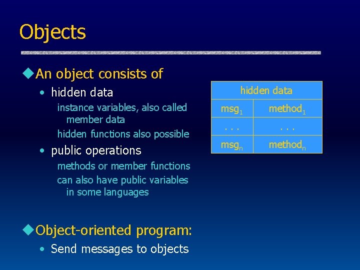 Objects u. An object consists of hidden data • hidden data instance variables, also