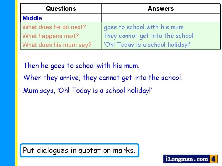 Questions Middle What does he do next? What happens next? What does his mum