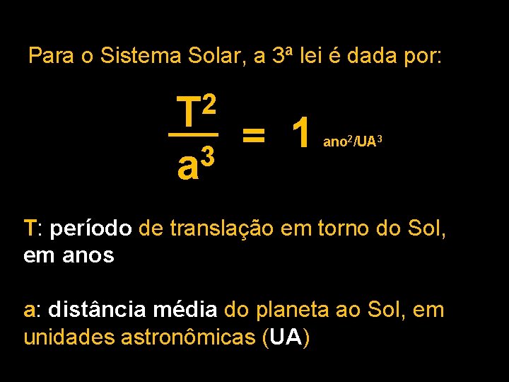 Para o Sistema Solar, a 3ª lei é dada por: 2 T 3 a