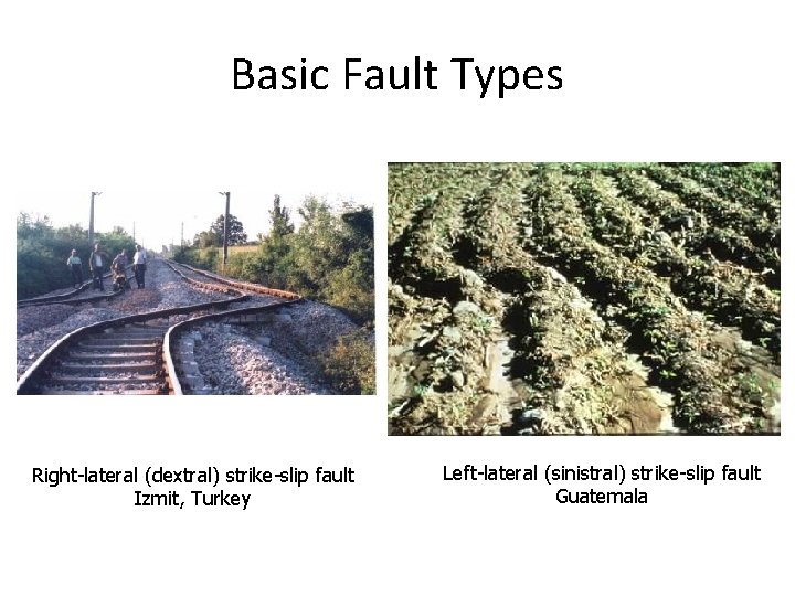 Basic Fault Types Right-lateral (dextral) strike-slip fault Izmit, Turkey Left-lateral (sinistral) strike-slip fault Guatemala