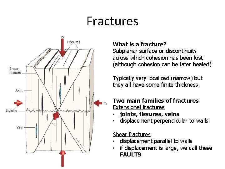 Fractures What is a fracture? Subplanar surface or discontinuity across which cohesion has been