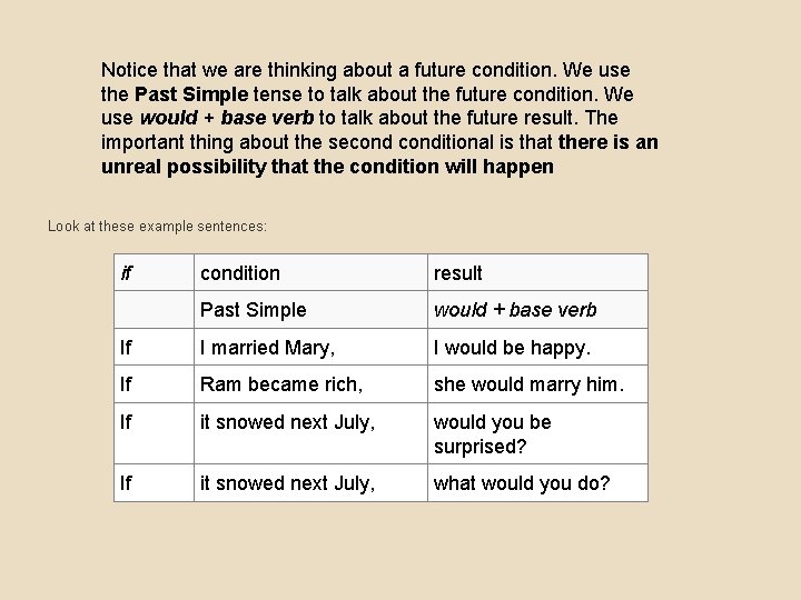 Notice that we are thinking about a future condition. We use the Past Simple