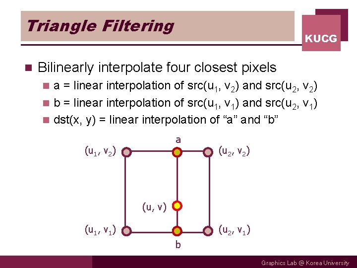 Triangle Filtering n KUCG Bilinearly interpolate four closest pixels a = linear interpolation of