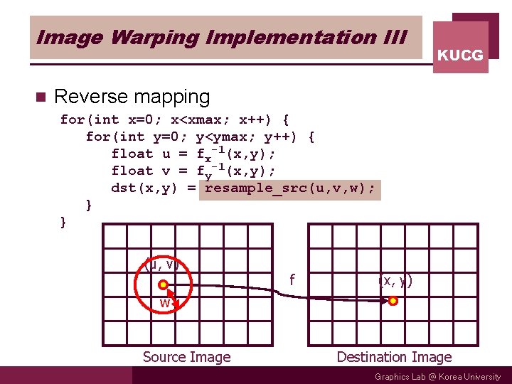 Image Warping Implementation III n KUCG Reverse mapping for(int x=0; x<xmax; x++) { for(int