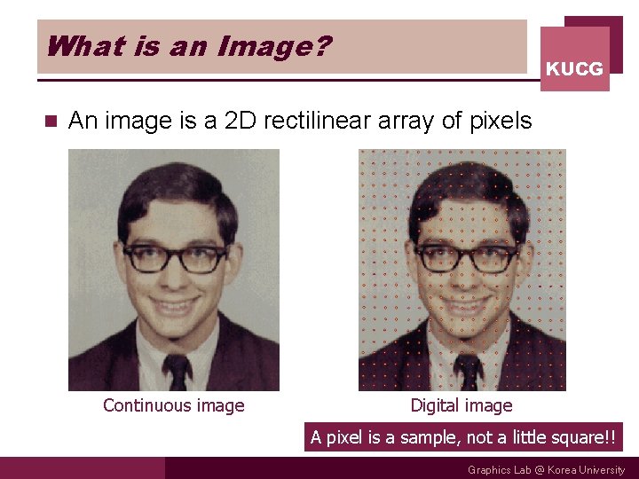 What is an Image? n KUCG An image is a 2 D rectilinear array