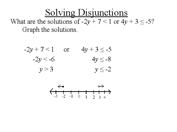 Solving Disjunctions What are the solutions of -2 y + 7 < 1 or