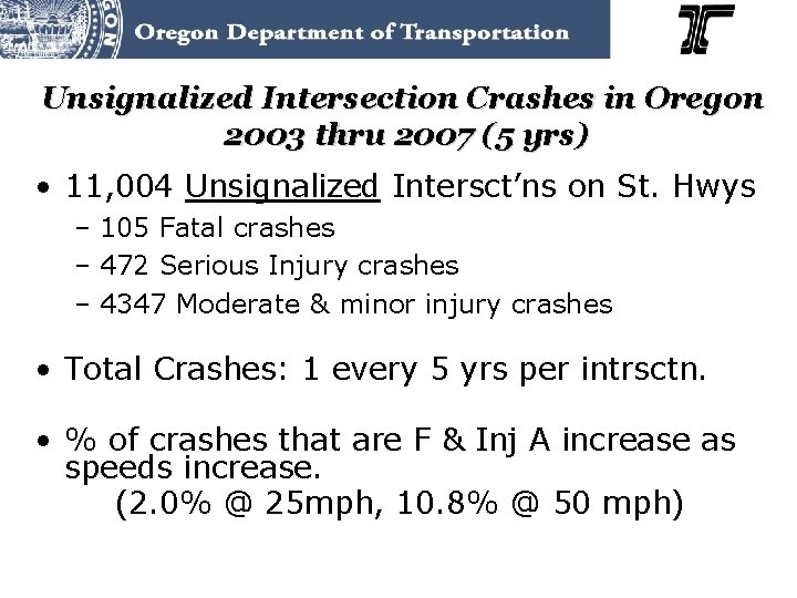 Unsignalized Intersection Crashes in Oregon 2003 thru 2007 (5 yrs) • 11, 004 Unsignalized