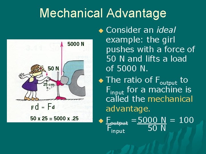 Mechanical Advantage Consider an ideal example: the girl pushes with a force of 50