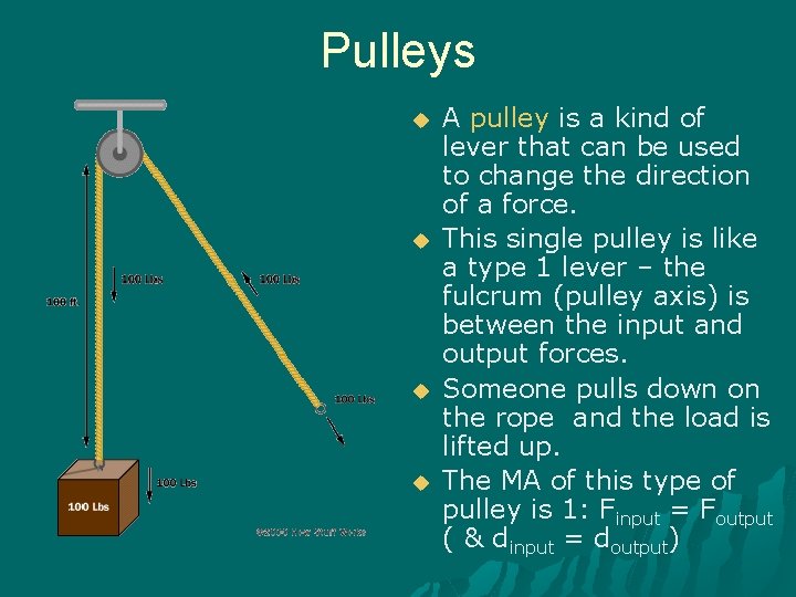 Pulleys u u A pulley is a kind of lever that can be used