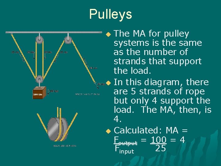 Pulleys The MA for pulley systems is the same as the number of strands