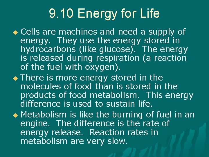 9. 10 Energy for Life Cells are machines and need a supply of energy.
