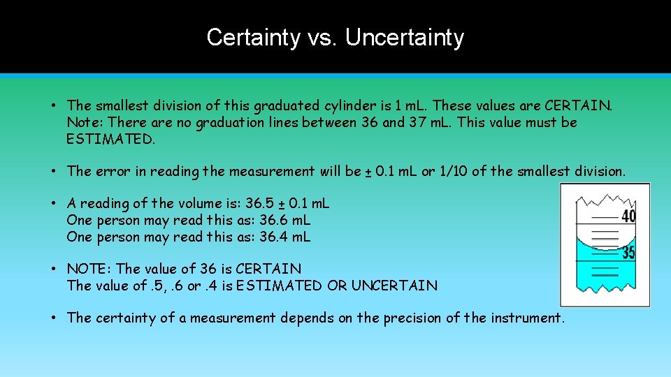 Certainty vs. Uncertainty • The smallest division of this graduated cylinder is 1 m.