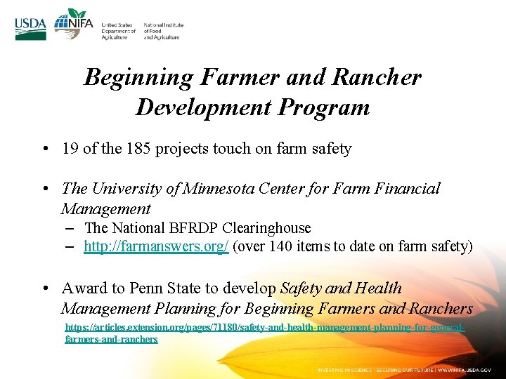 Beginning Farmer and Rancher Development Program • 19 of the 185 projects touch on