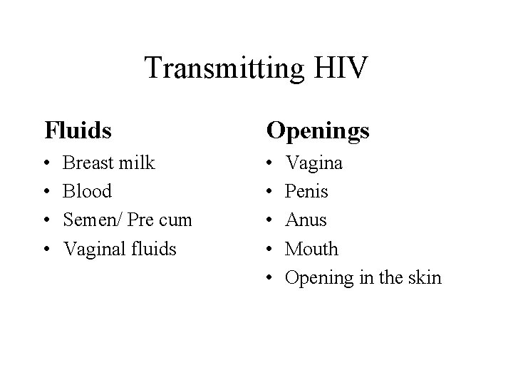 Transmitting HIV Fluids Openings • • • Breast milk Blood Semen/ Pre cum Vaginal