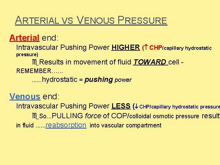 ARTERIAL VS VENOUS PRESSURE Arterial end: Intravascular Pushing Power HIGHER ( CHP/capillary hydrostatic pressure) ARTERIAL VS VENOUS PRESSURE Arterial end: Intravascular Pushing Power HIGHER ( CHP/capillary hydrostatic pressure)