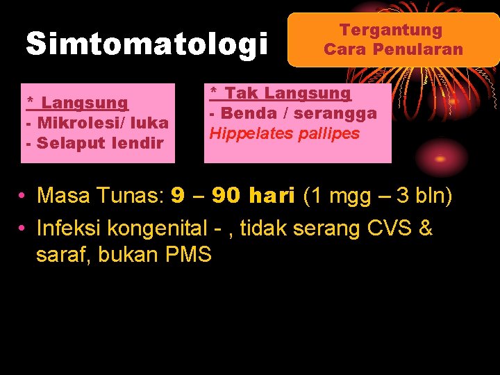 Simtomatologi * Langsung - Mikrolesi/ luka - Selaput lendir Tergantung Cara Penularan * Tak