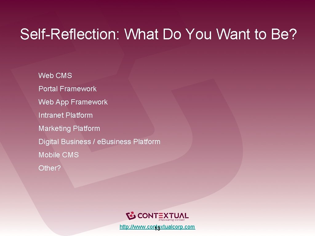 Self-Reflection: What Do You Want to Be? Web CMS Portal Framework Web App Framework