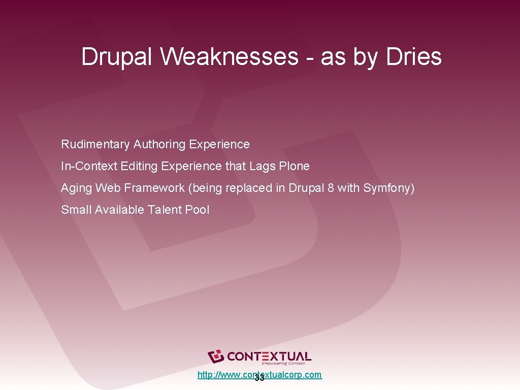 Drupal Weaknesses - as by Dries Rudimentary Authoring Experience In-Context Editing Experience that Lags