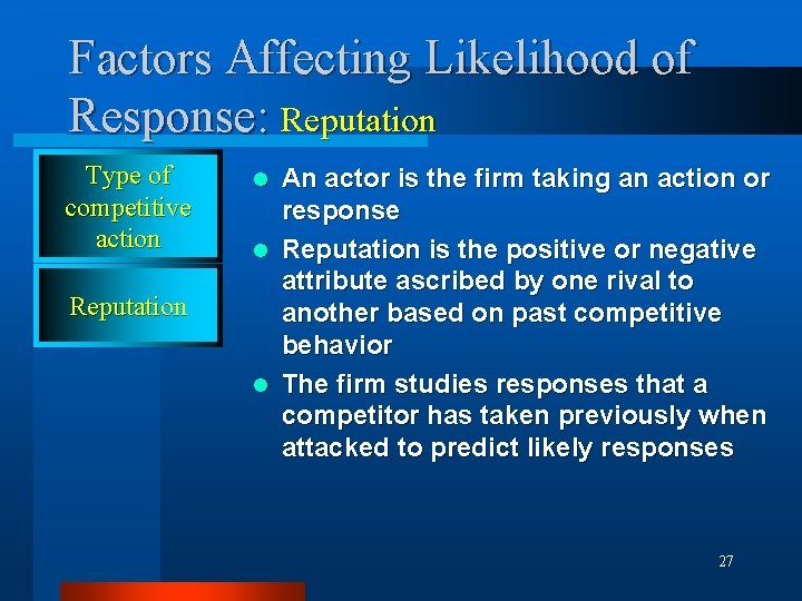 Factors Affecting Likelihood of Response: Reputation Type of competitive action Reputation An actor is