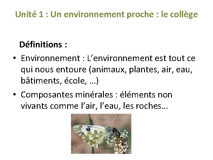 Unité 1 : Un environnement proche : le collège Définitions : • Environnement :