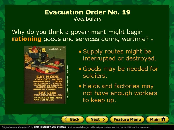 Evacuation Order No. 19 Vocabulary Why do you think a government might begin rationing