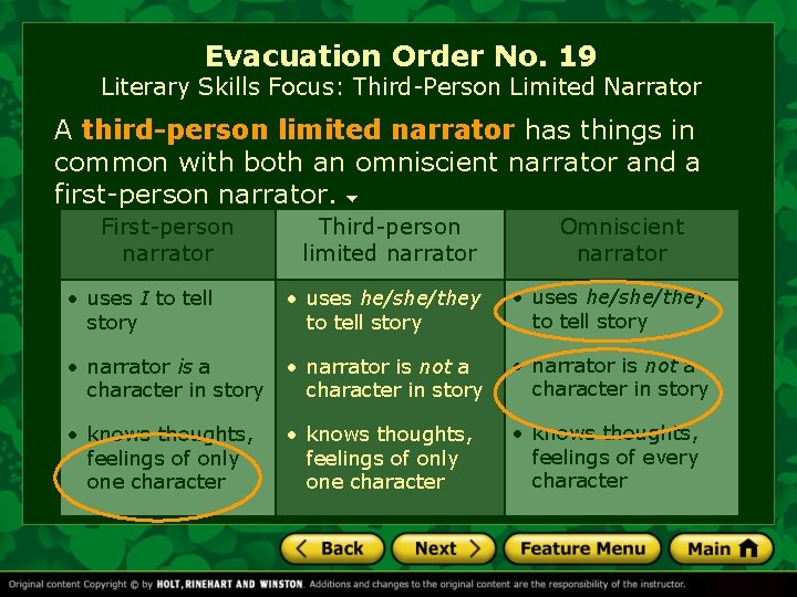 Evacuation Order No. 19 Literary Skills Focus: Third-Person Limited Narrator A third-person limited narrator