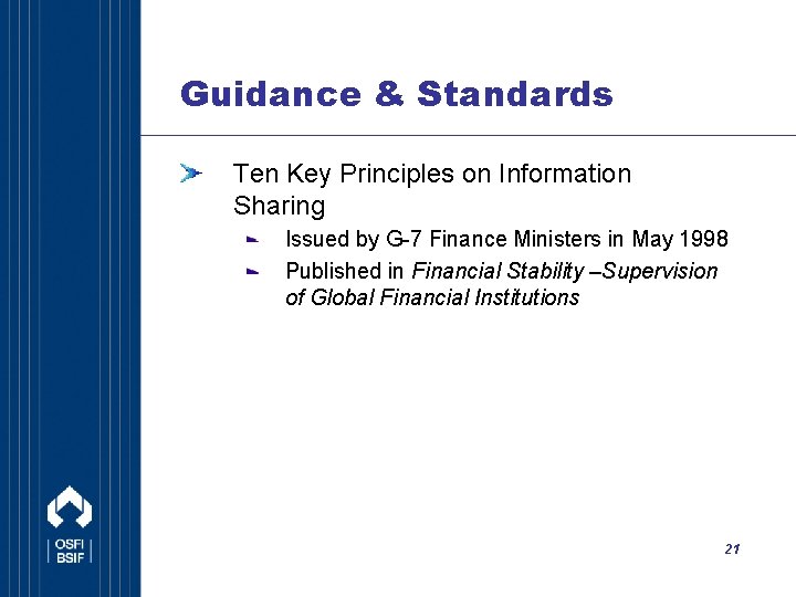 Guidance & Standards Ten Key Principles on Information Sharing Issued by G-7 Finance Ministers