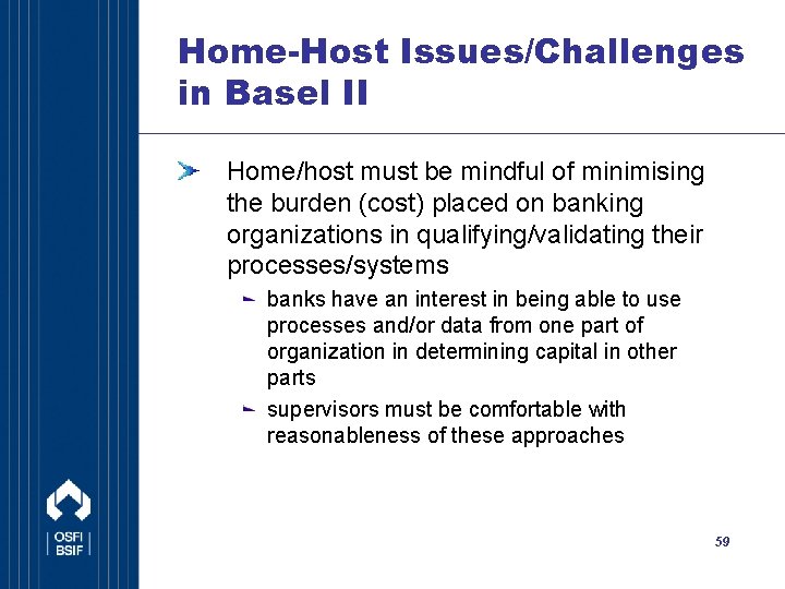 Home-Host Issues/Challenges in Basel II Home/host must be mindful of minimising the burden (cost)