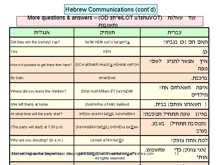 Hebrew Communications (cont’d) More questions & answers – (OD sheei. LOT u’tshu. VOT) עוד