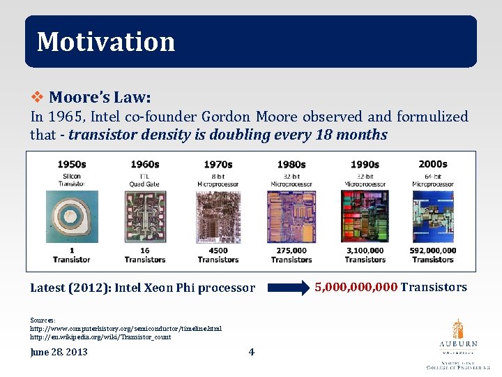 Motivation v Moore’s Law: In 1965, Intel co-founder Gordon Moore observed and formulized that