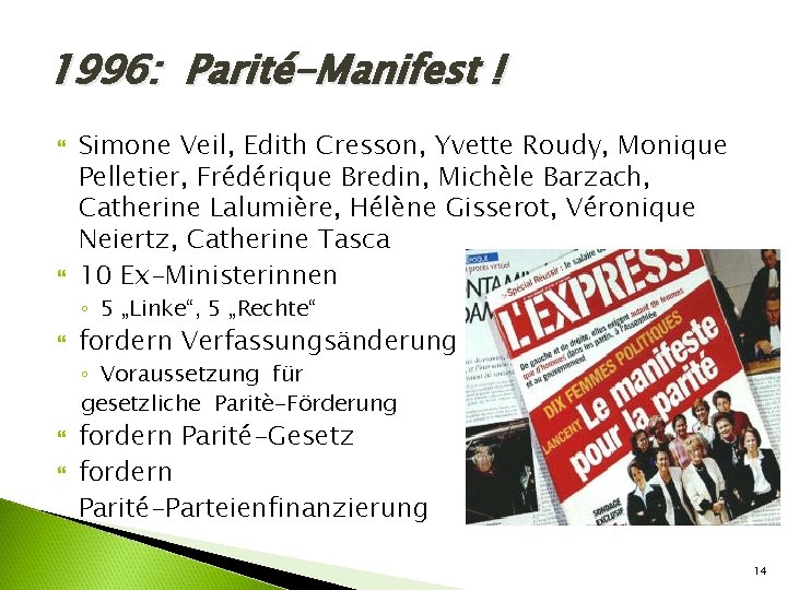 1996: Parité-Manifest ! Simone Veil, Edith Cresson, Yvette Roudy, Monique Pelletier, Frédérique Bredin, Michèle