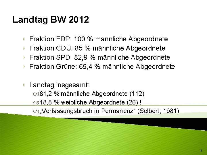 Landtag BW 2012 ◦ ◦ Fraktion FDP: 100 % männliche Abgeordnete Fraktion CDU: 85