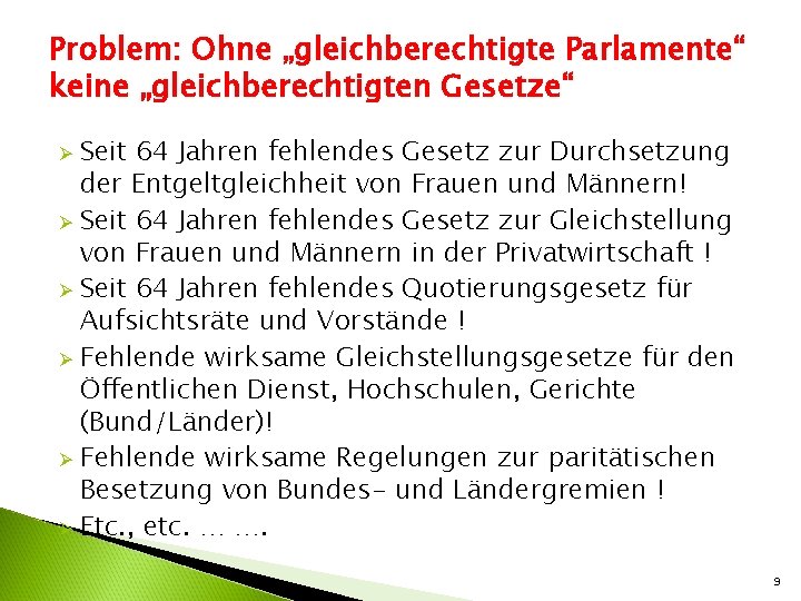Problem: Ohne „gleichberechtigte Parlamente“ keine „gleichberechtigten Gesetze“ Seit 64 Jahren fehlendes Gesetz zur Durchsetzung