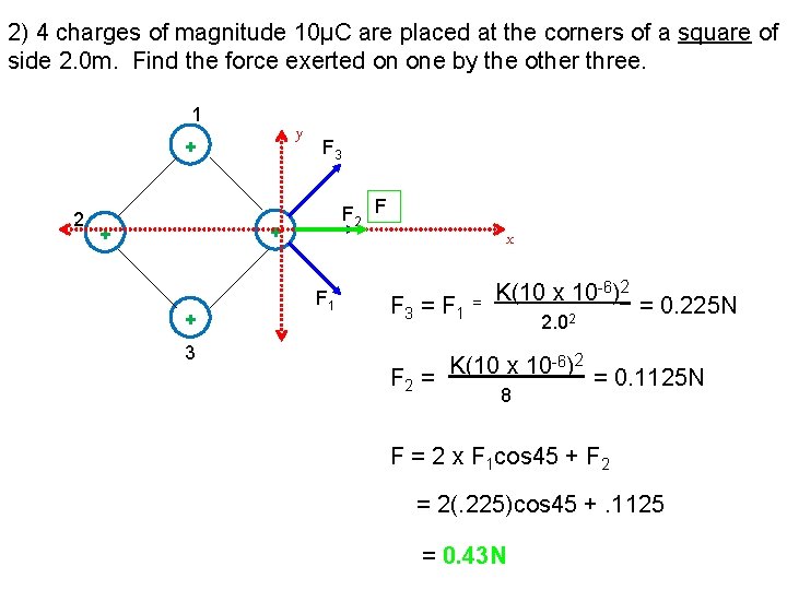 2) 4 charges of magnitude 10µC are placed at the corners of a square