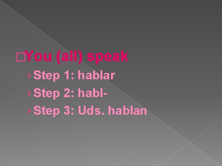 �You (all) speak › Step 1: hablar › Step 2: habl› Step 3: Uds.