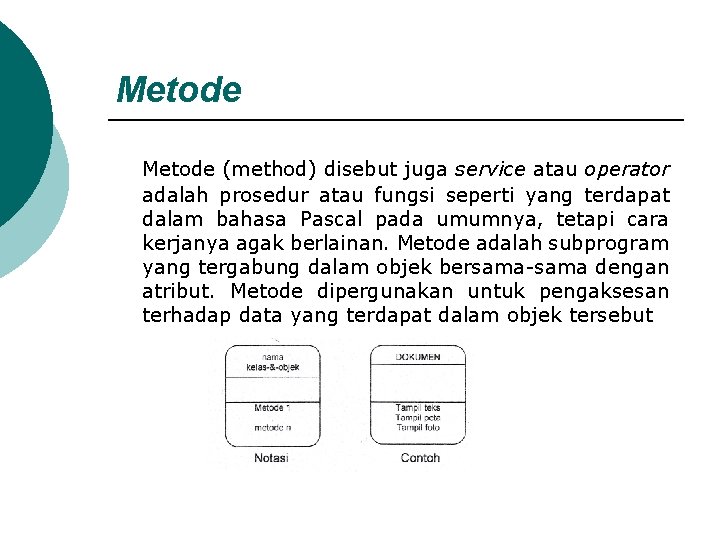 Metode (method) disebut juga service atau operator adalah prosedur atau fungsi seperti yang terdapat