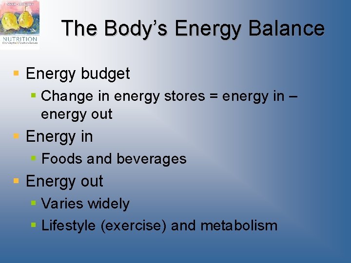 The Body’s Energy Balance § Energy budget § Change in energy stores = energy