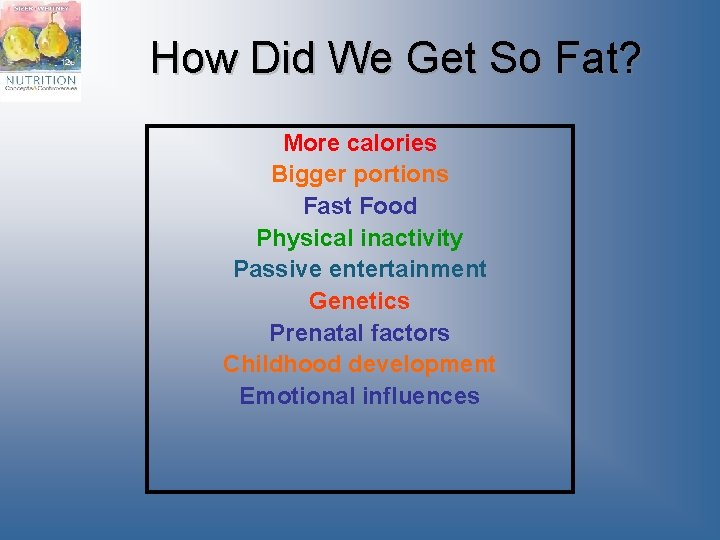 How Did We Get So Fat? More calories Bigger portions Fast Food Physical inactivity