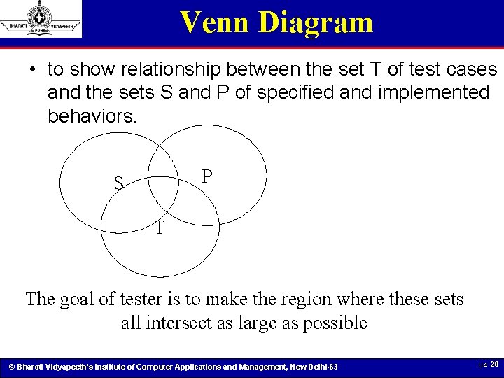 Venn Diagram • to show relationship between the set T of test cases and
