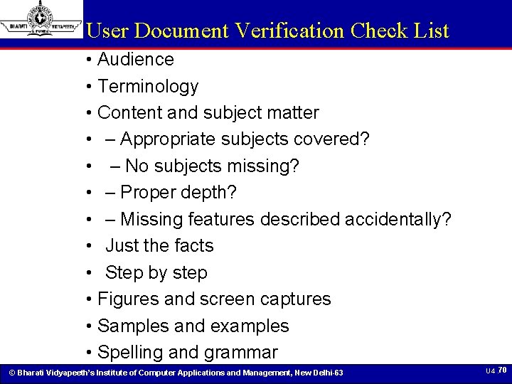 User Document Verification Check List • Audience • Terminology • Content and subject matter