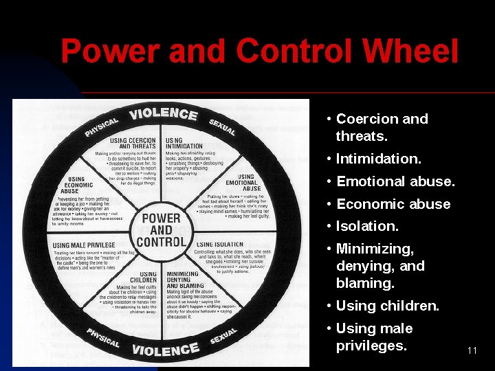 Power and Control Wheel • Coercion and threats. • Intimidation. • Emotional abuse. •