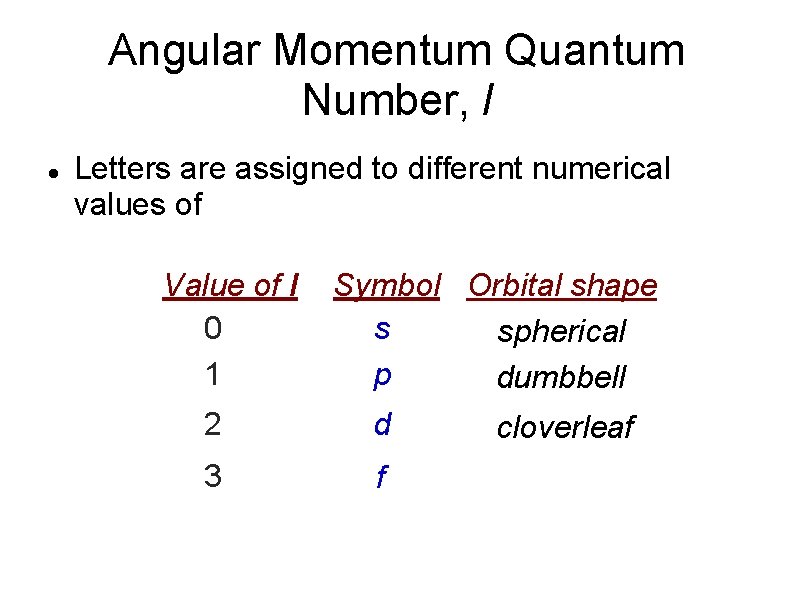 Angular Momentum Quantum Number, l Letters are assigned to different numerical values of Value