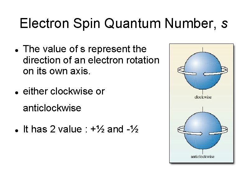 Electron Spin Quantum Number, s The value of s represent the direction of an