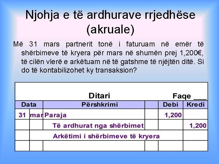 Njohja e të ardhurave rrjedhëse (akruale) Më 31 mars partnerit tonë i faturuam në