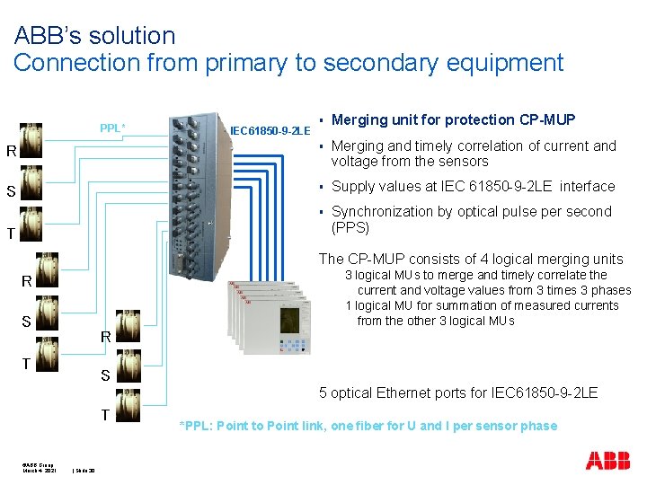 ABB’s solution Connection from primary to secondary equipment § Merging unit for protection CP-MUP