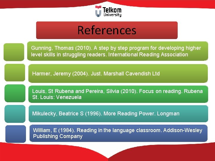 References Gunning, Thomas (2010). A step by step program for developing higher level skills
